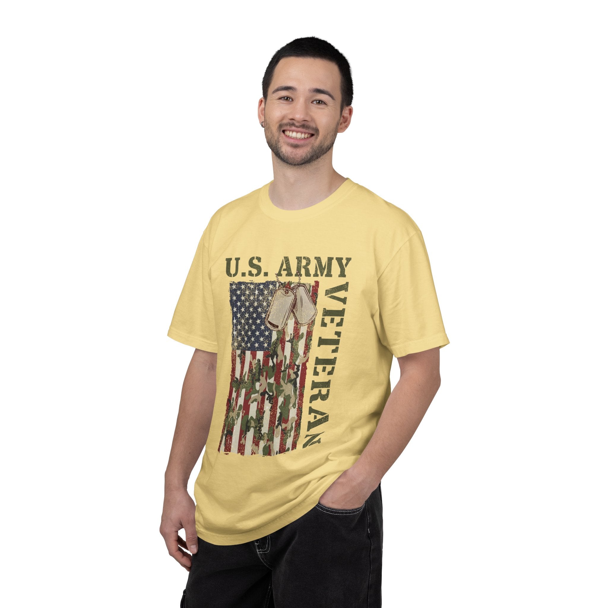 US Army Veteran Shirt, American Flag Camo T-Shirt, Military Dog Tag Tee, Patriotic Gift for Soldier, Retirement or Veterans Day Top