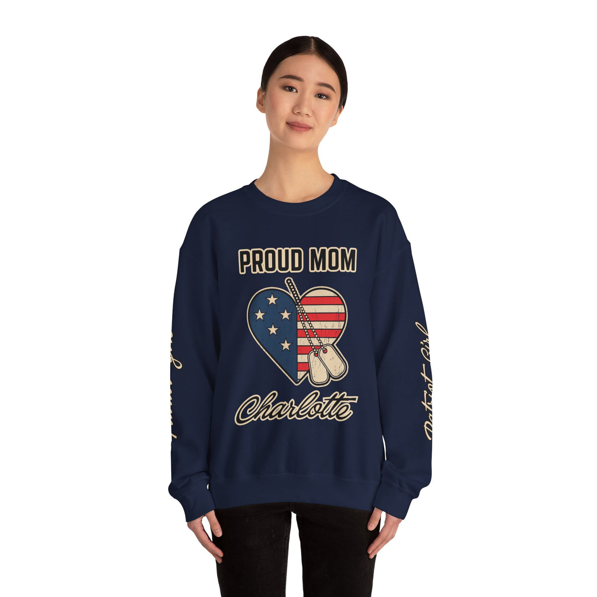 Personalized Proud Mom Sweatshirt, Custom Military Mom Pullover, American Flag Heart Crewneck, Military Mom Gift, Patriotic Mother Shirt