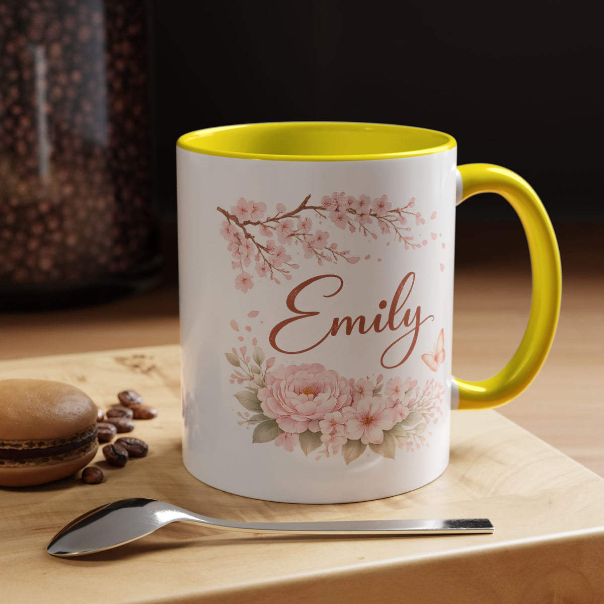 Personalized Floral Name Mug, Custom Coffee Mug with Name, Pink Flower Mug for Women, Birthday Gift, Bridesmaid Keepsake Cup