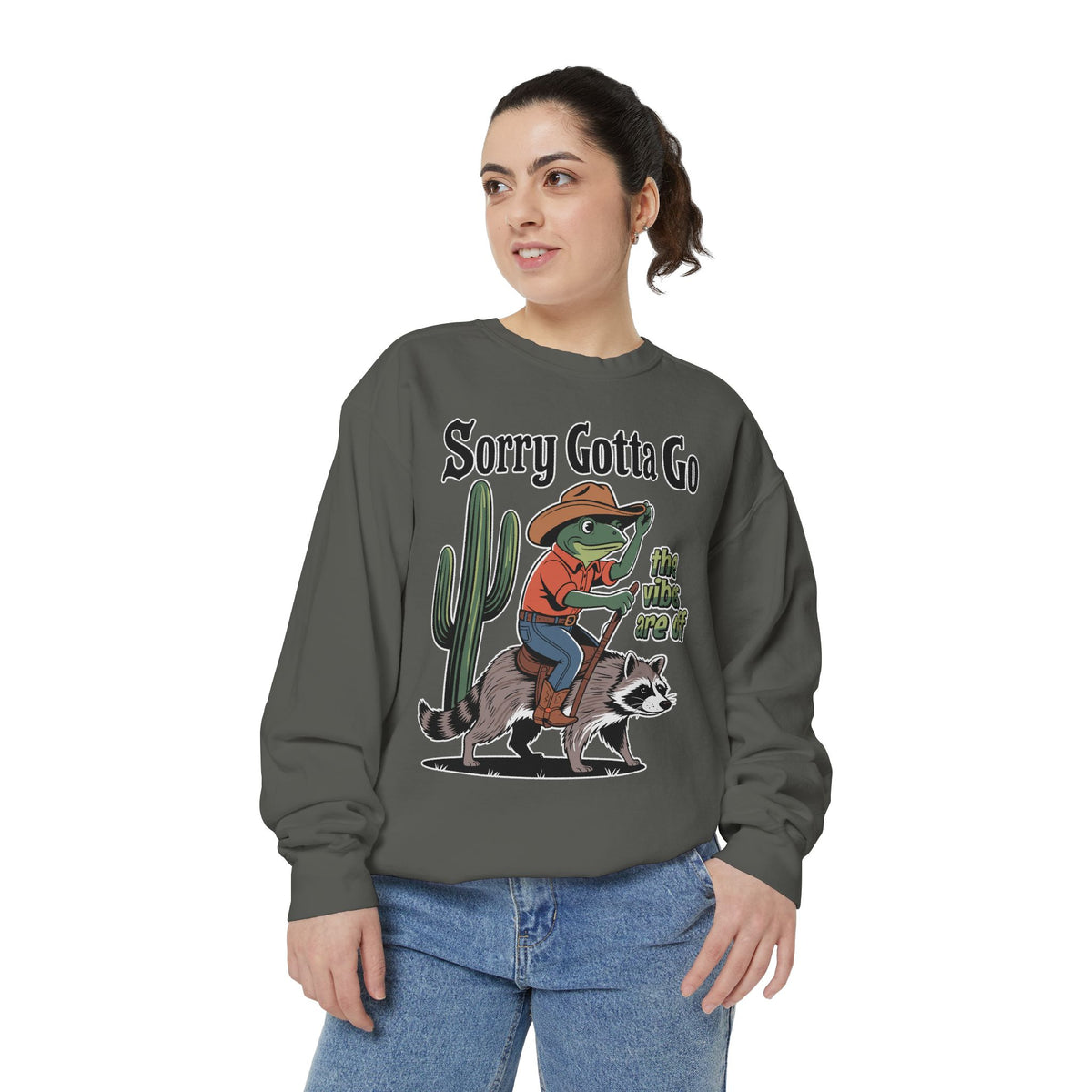 Funny Frog Cowboy Comfort Sweatshirt, Sorry Gotta Go The Vibes Are Off Crewneck, Raccoon Western Meme Comfort Sweatshirt