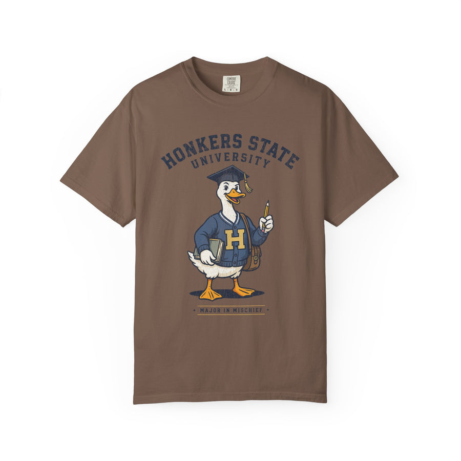 Honkers State University T-Shirt, Funny Goose Graduate Graphic Tee, Major in Mischief College Student Gift, Graduation Campus Shirt