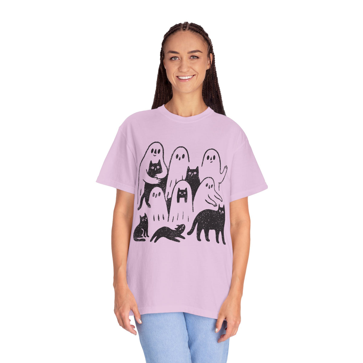 Ghost Cat Halloween Shirt, Cute Spooky Cats and Ghosts Graphic Tee, Cozy Pet Lover Gift, Minimal Black and White Fall Outfit for Women