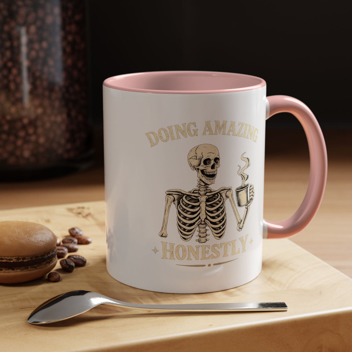 Doing Amazing Honestly Skeleton Coffee Mug, Funny Burnout Gift for Coworker, Sarcastic Office Coffee Cup, Tired but Thriving Mug