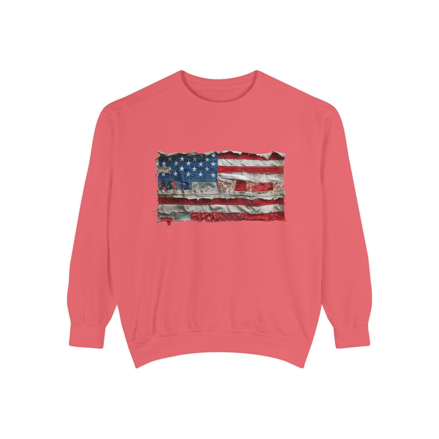 Vintage American Flag Comfort Colors Sweatshirt, Patriotic Patchwork USA Crewneck, Fourth of July Cozy Pullover, Americana Graphic Sweatshirt