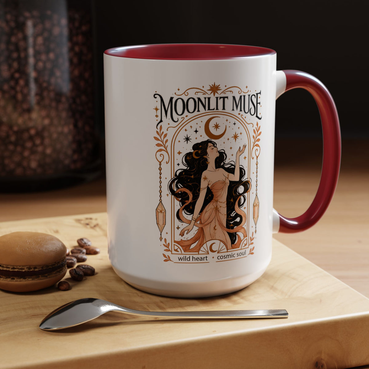 Moonlit Muse Coffee Mug, Celestial Goddess Art Mug, Mystic Moon Aesthetic Cup, Boho Spiritual Gift for Women, Cosmic Soul Coffee Mug