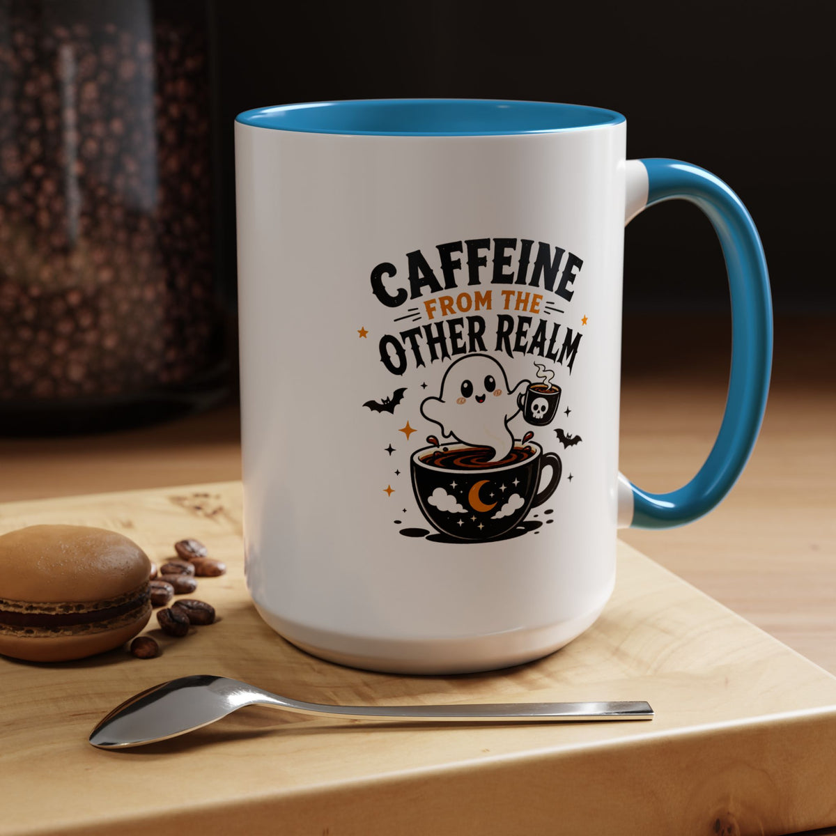 Halloween Ghost Coffee Mug, Caffeine From the Other Realm Black Accent Cup, Funny Spooky Gift for Coffee Lover, Barista or Coworker