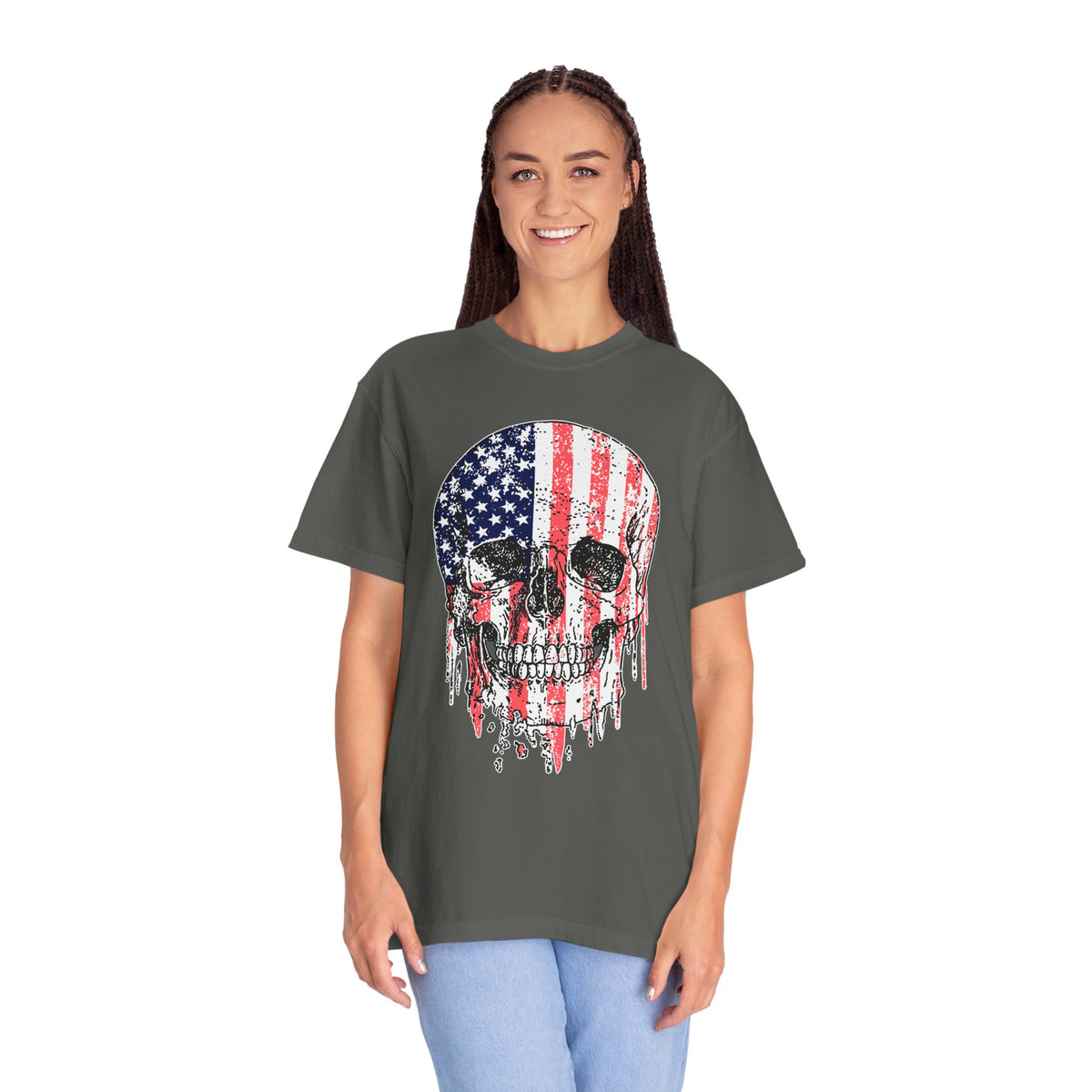 American Flag Skull Shirt, Distressed Patriotic Graphic for Biker Outfits, Fourth of July Style, Birthday Gift for Skull Art Lovers