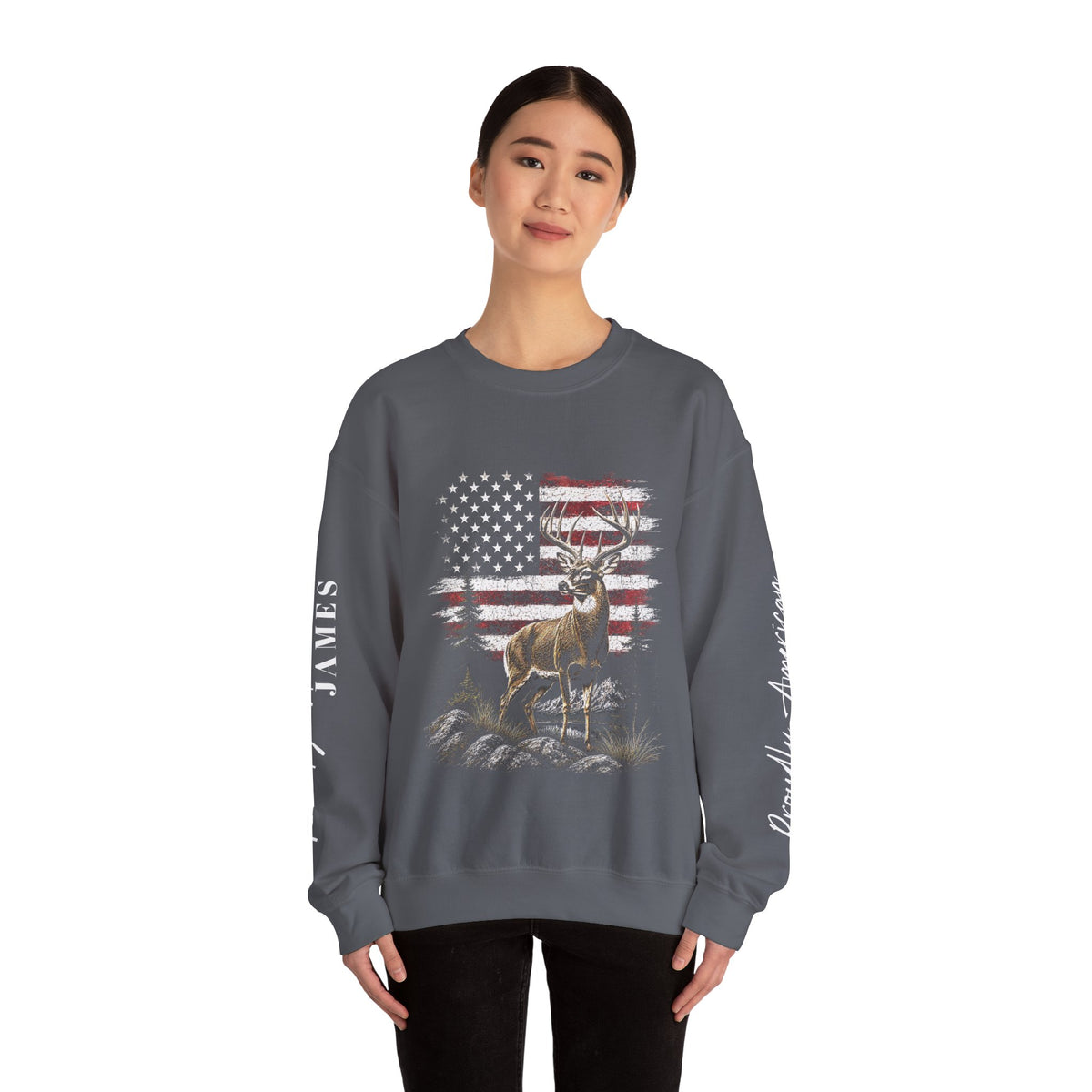 Personalized Hunting Sweatshirt, Custom Deer American Flag Pullover, Patriotic Outdoorsman Crewneck, Hunter Gift, Personalized Family Shirt