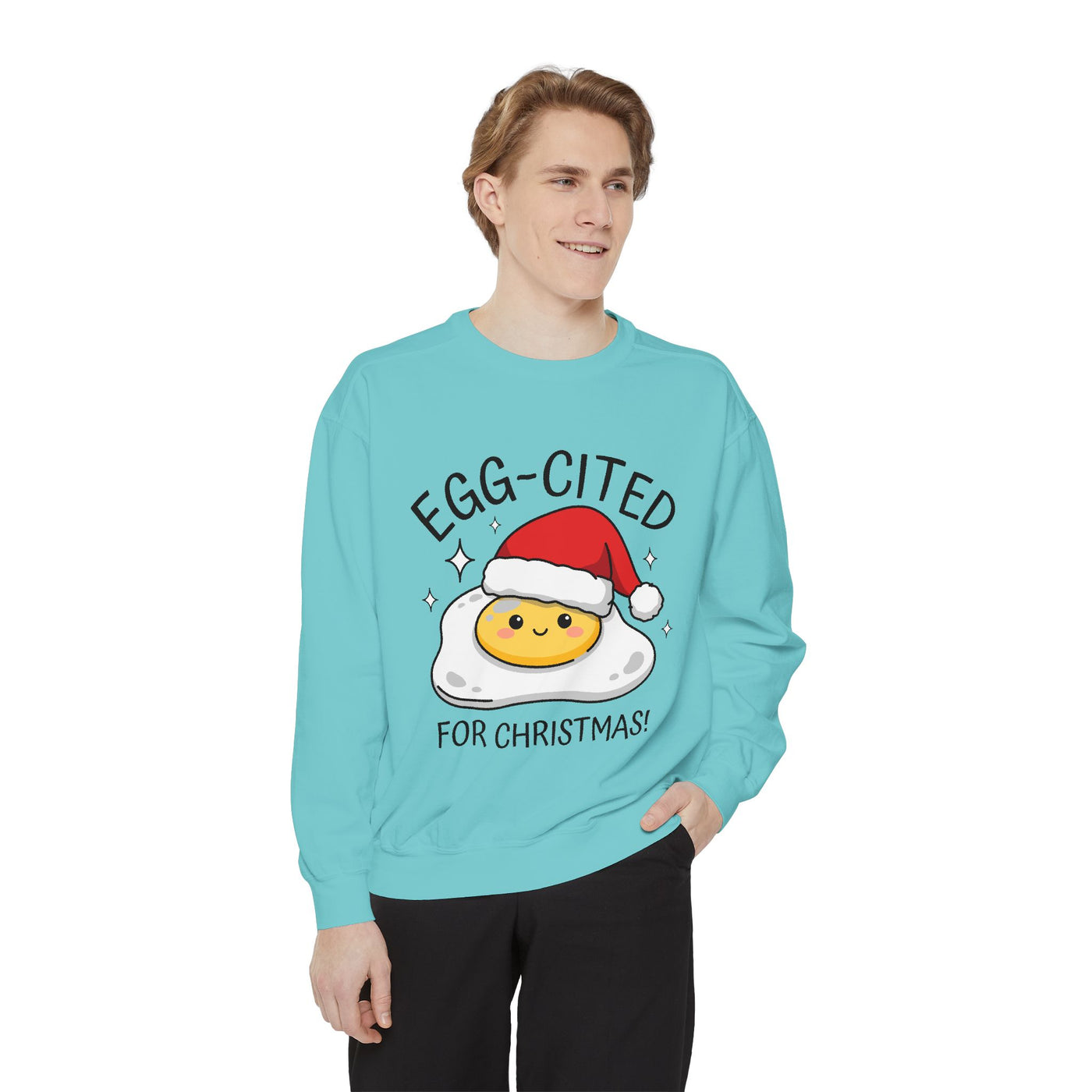 Egg-Cited for Christmas Sweatshirt, Funny Fried Egg Crewneck, Cute Food Pun Holiday Pullover, Christmas Breakfast Gift for Brunch Lover
