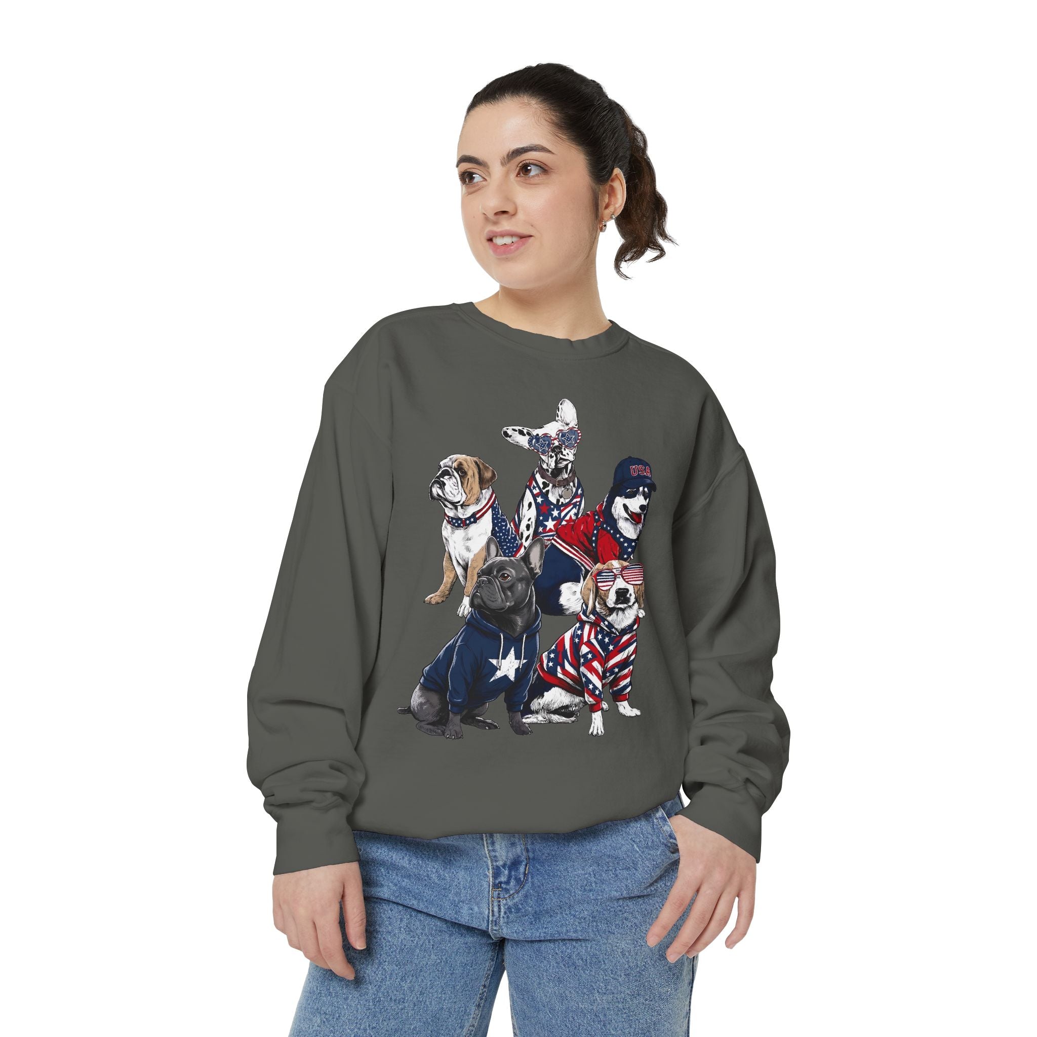 Patriotic Dog Lover Comfort Sweatshirt, USA Dogs Crewneck Sweatshirt, Fourth of July Pet Lover Gift, American Flag Puppy Sweatshirt
