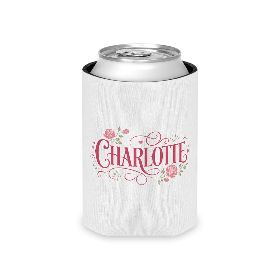 A white can cooler on a drink can, printed with the sample name "CHARLOTTE" in pink script lettering with pink roses, leaves and flourishes.