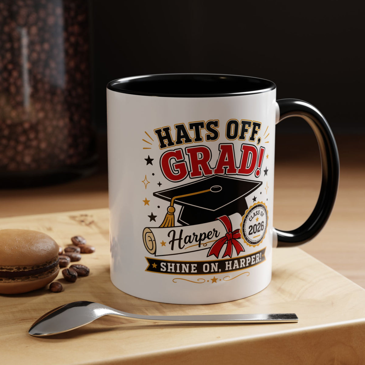 Personalized Graduation Mug, Hats Off Grad Class of 2026 Coffee Cup, Custom Name Gift for Daughter, Son, High School or College Senior