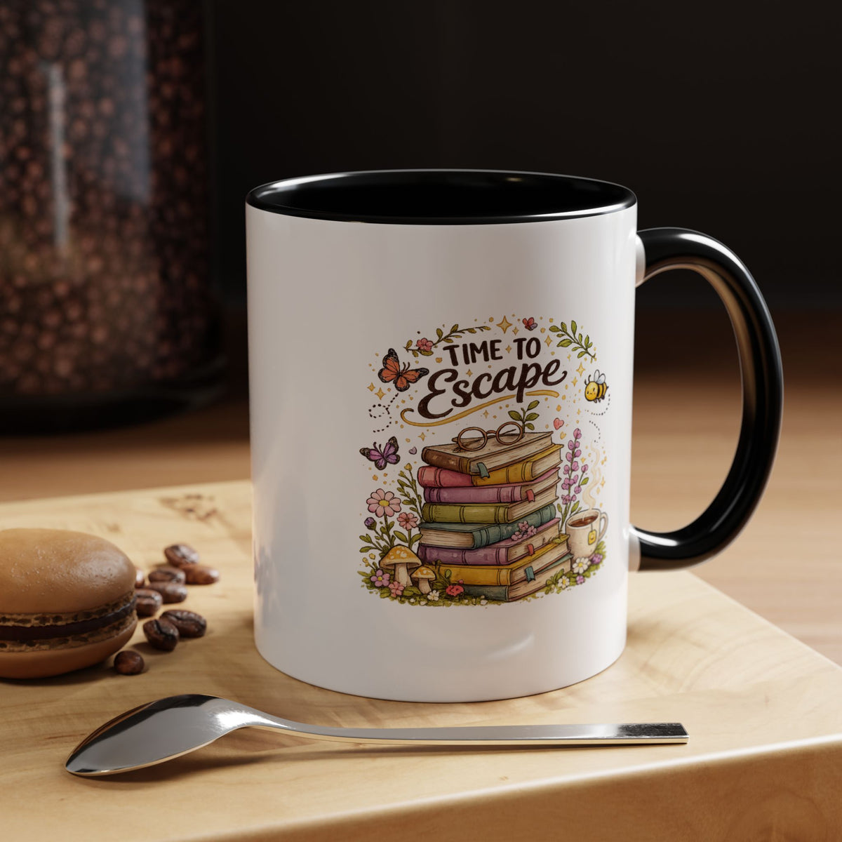Book Lover Coffee Mug, Time to Escape Black Accent Cup with Books and Tea, Unique Cozy Gift for Reader, Librarian, Teacher or Bookworm