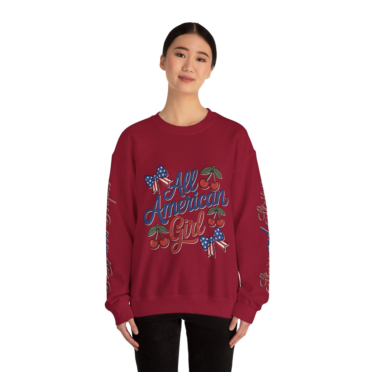All American Girl Sweatshirt, Patriotic Womens Pullover, USA Flag Cherry Top, Vintage Americana Style, Fourth of July Gift