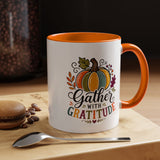 Gather With Gratitude Mug, Colorful Pumpkin Thanksgiving Coffee Cup, Cozy Fall Hostess Gift, Autumn Kitchen and Harvest Decor