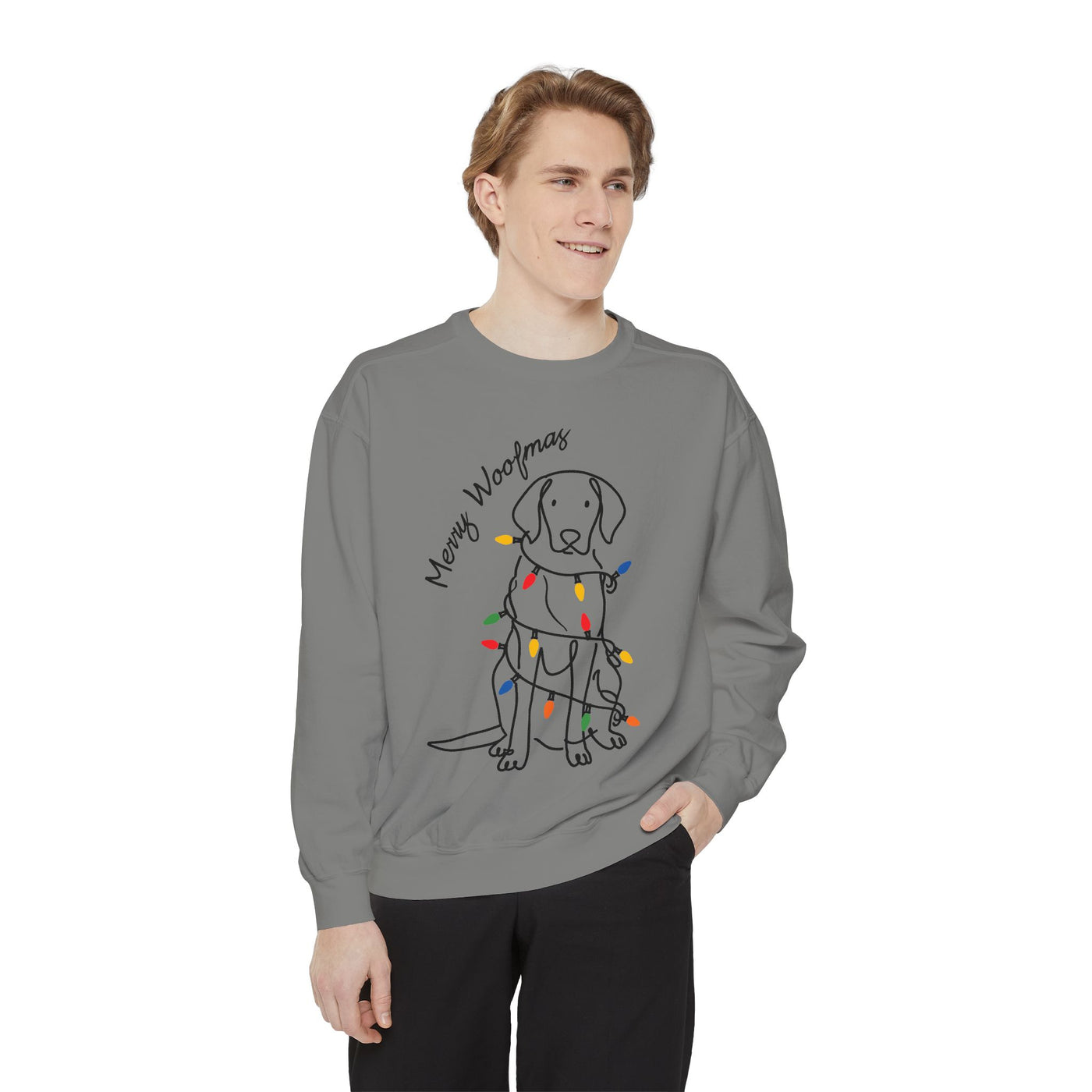 Merry Woofmas Dog Sweatshirt, Funny Christmas Puppy Crewneck, Holiday Lights Pet Lover Pullover, Cute Christmas Gift for Dog Mom or Dog Dad