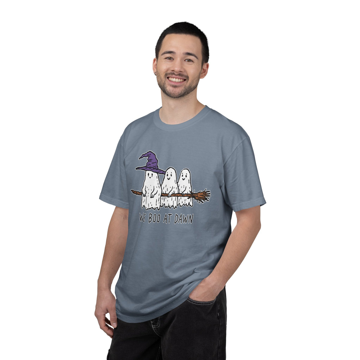 We Boo at Dawn Ghost Shirt, Funny Halloween Witch Broom Graphic Tee, Cute Spooky Season Gift for Friends and Ghost Lovers, October Outfit