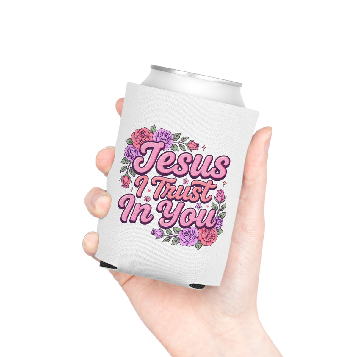 Christian Can Cooler, Jesus I Trust in You Drink Sleeve, Floral Faith Gift for Women, Catholic Gift, Religious Party Favor