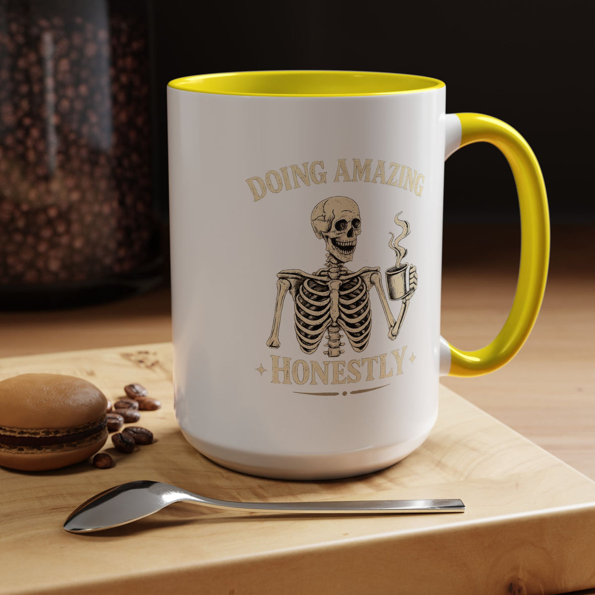 Doing Amazing Honestly Skeleton Coffee Mug, Funny Burnout Gift for Coworker, Sarcastic Office Coffee Cup, Tired but Thriving Mug