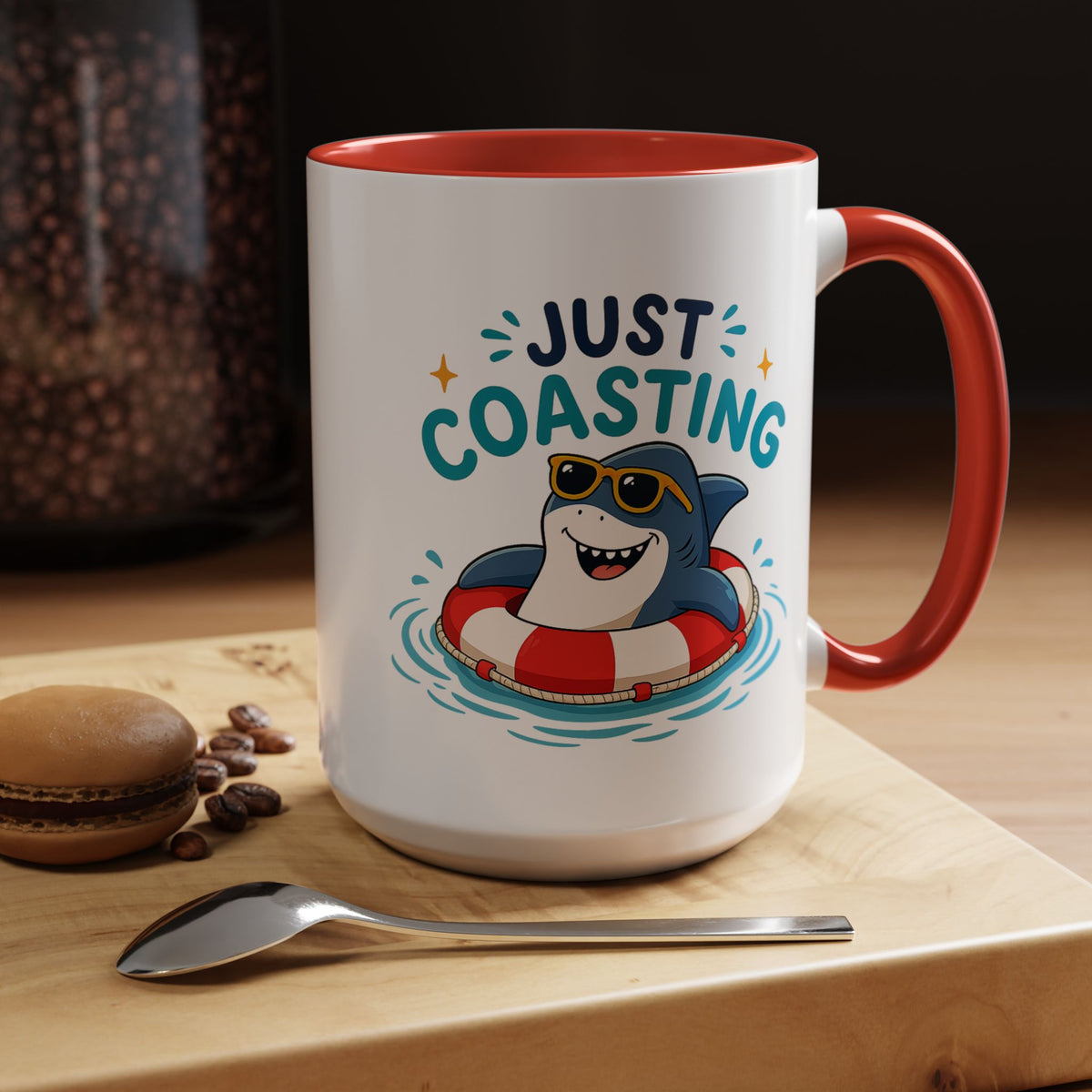 Funny Shark Coffee Mug, Just Coasting Shark Mug, Cute Beach Lover Coffee Cup, Relaxing Summer Vacation Gift for Shark Fans