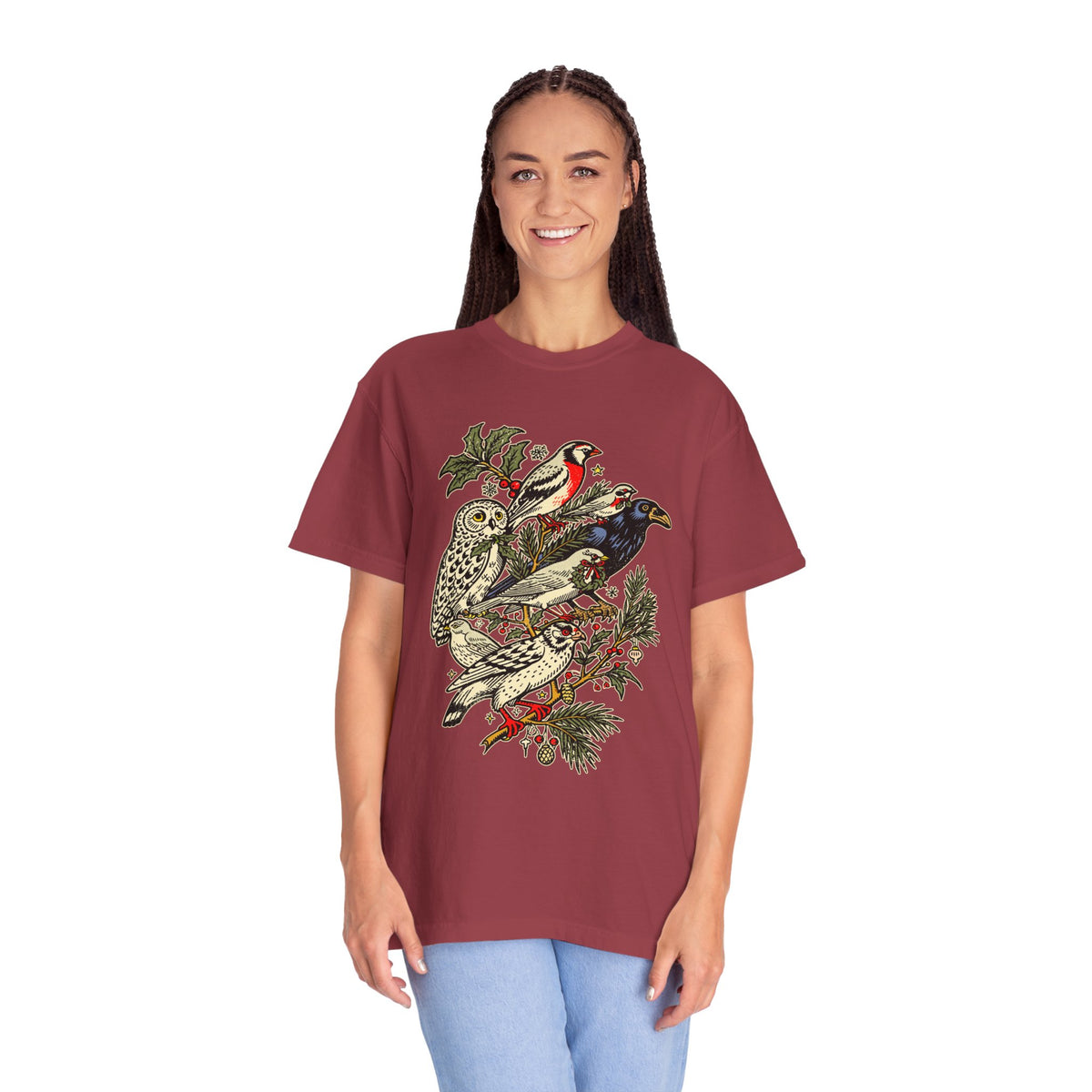 Winter Birds Graphic Shirt, Vintage Woodland T-Shirt for Bird Lovers, Festive Nature Tee, Cozy Christmas Gift for Birdwatchers and Moms