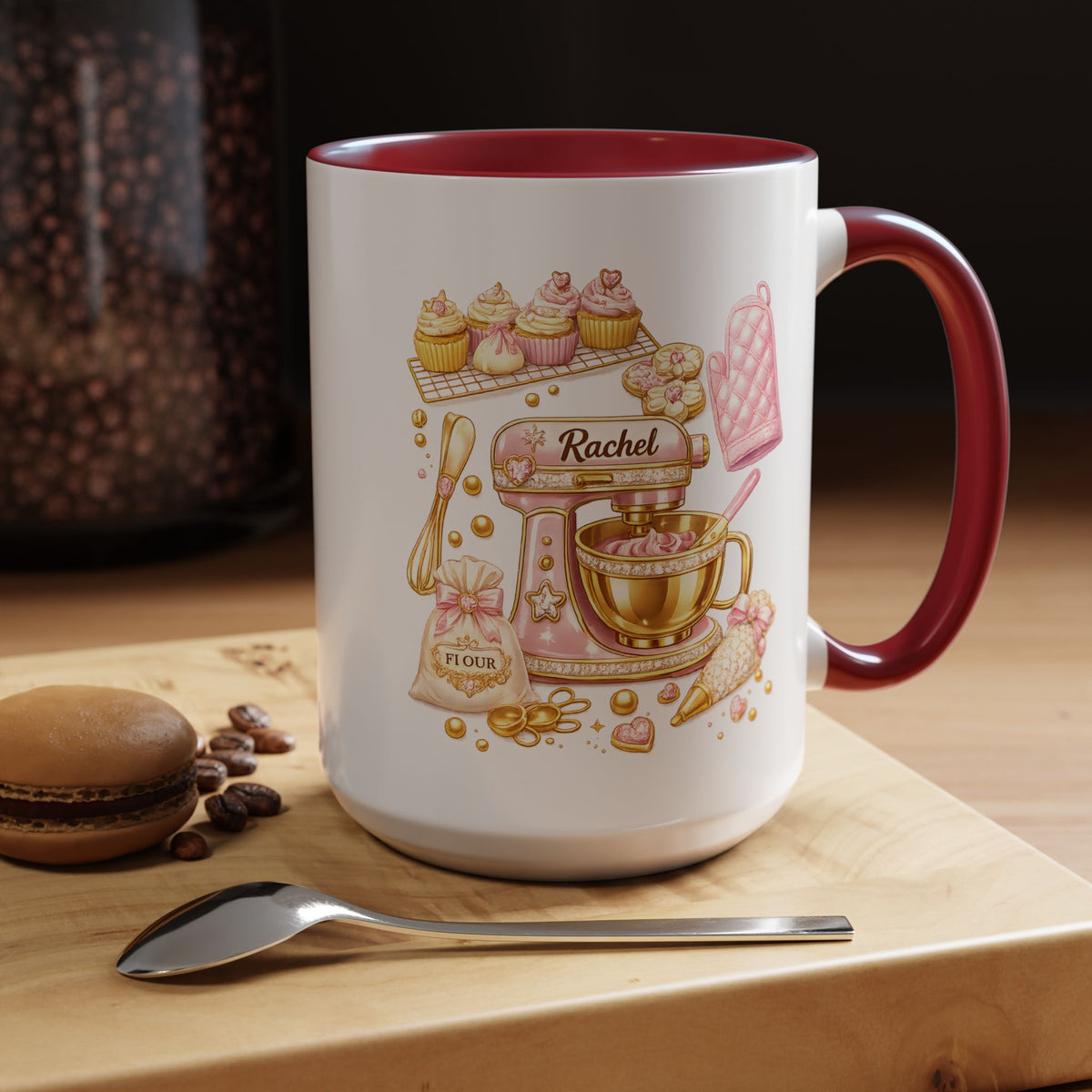 Cute Baking Stand Mixer Coffee Mug, Personalized Baker Gift for Her, Aesthetic Pastry Chef Kitchen Ceramic Tea Cup with Dark Blue Handle