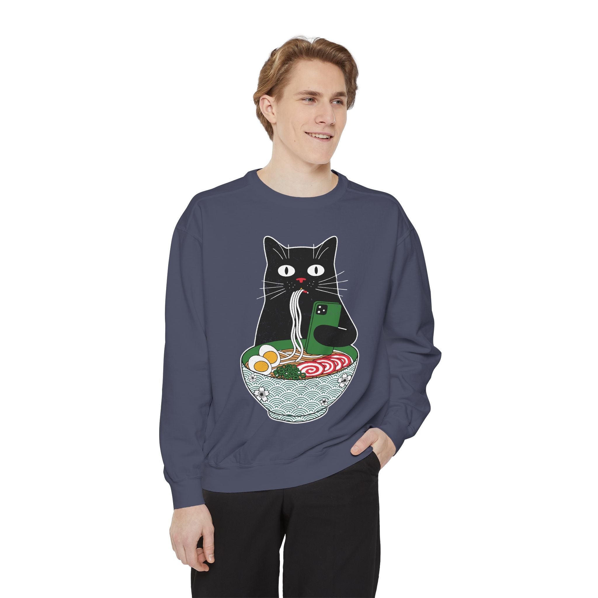 Ramen Cat Comfort Colors Sweatshirt, Funny Cat Eating Noodles Shirt, Cat Lover Graphic Crewneck, Foodie Gift Idea