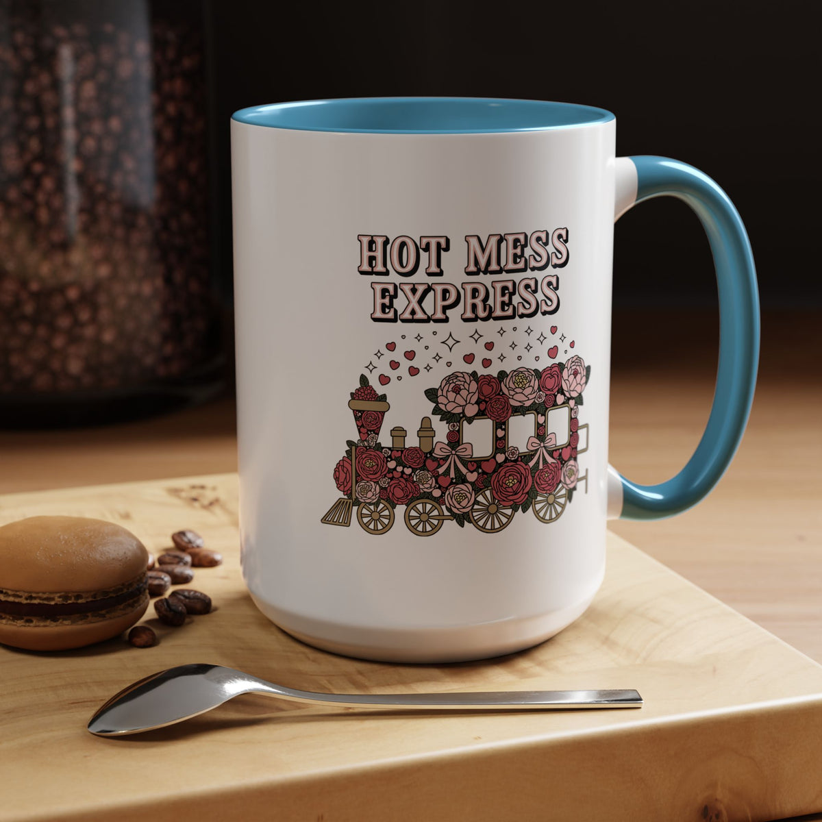 Hot Mess Express Coffee Mug, Pink Floral Train with Bows and Hearts, Funny Birthday Gift for a Busy Mom or Best Friend's Daily Coffee Break