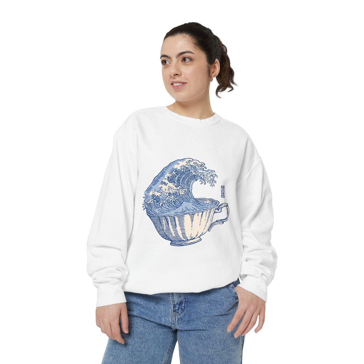 Great Wave Teacup Sweatshirt, Japanese Art Inspired Ocean Graphic, Gift for Tea Lovers and Coastal Art Fans, Casual Cafe Weekend Outfit