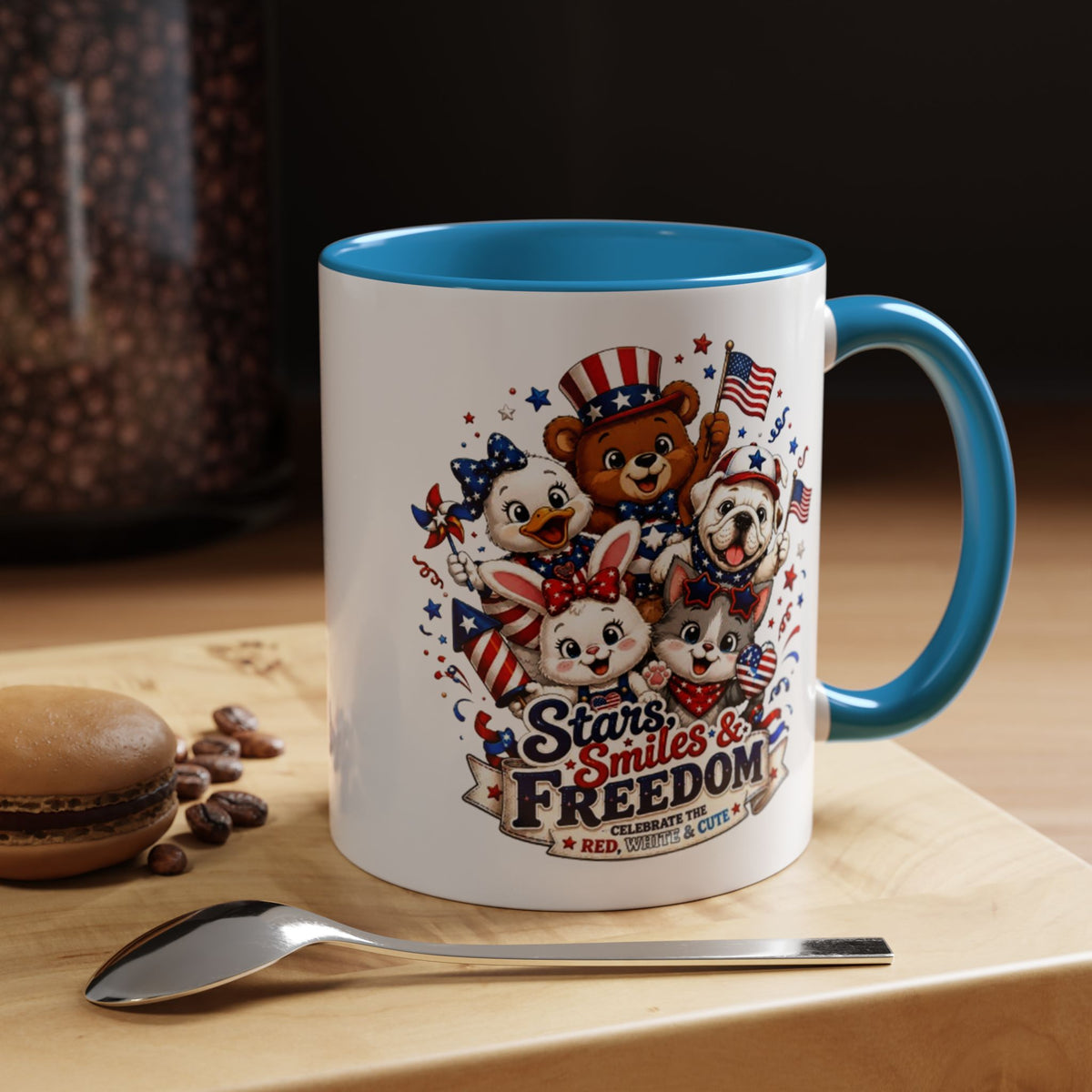 Cute Patriotic Animal Coffee Mug, Fourth of July Mug for Kids and Families, Stars Smiles and Freedom Cup, Independence Day Gift
