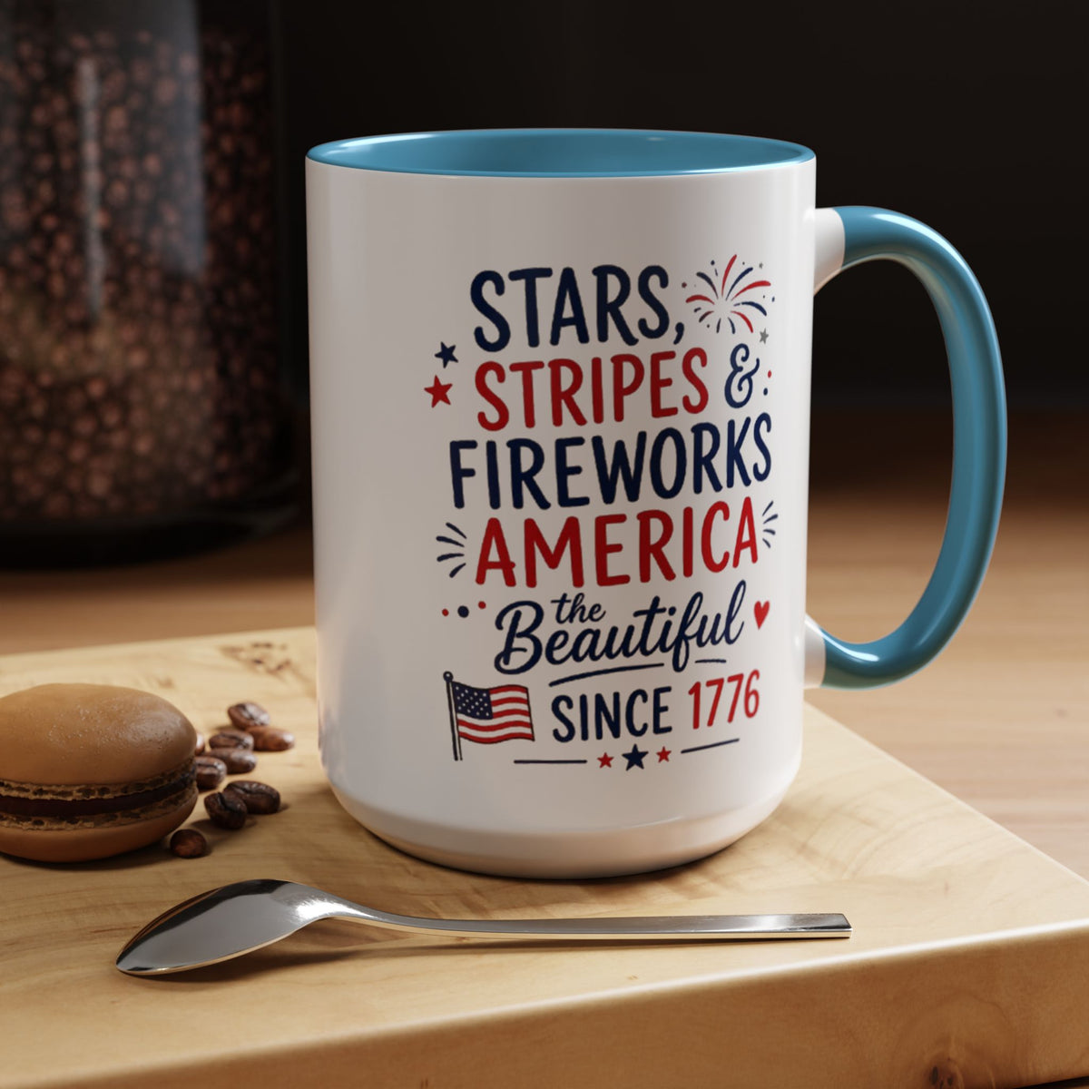 Stars and Stripes Coffee Mug, 4th of July Fireworks Gift for Hostess, America the Beautiful Since 1776 Patriotic Ceramic Tea Cup