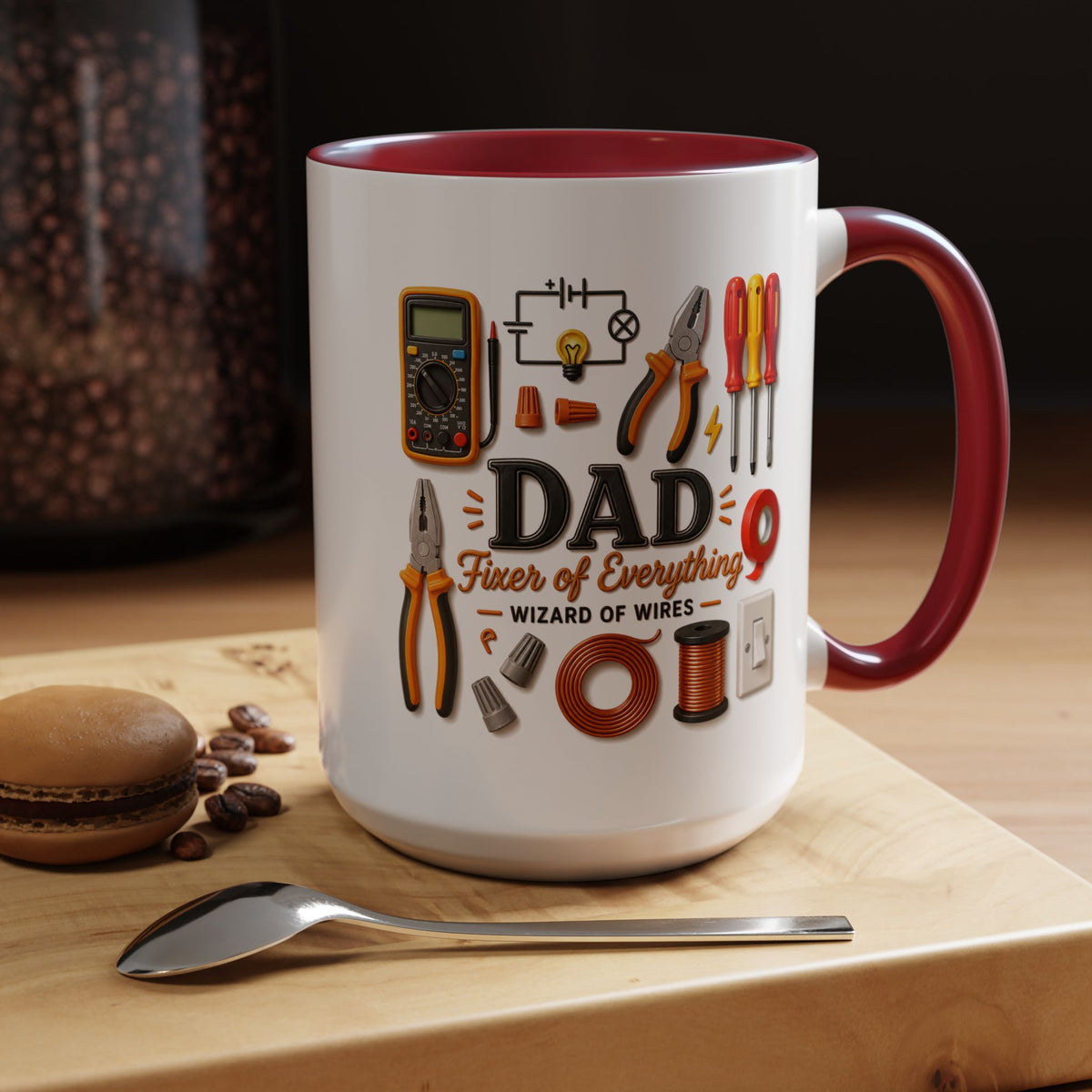 Electrician Dad Fixer of Everything Coffee Mug, Father's Day Gift for Electricians, Lineman Papa Handyman Ceramic Tea Cup with Black Handle