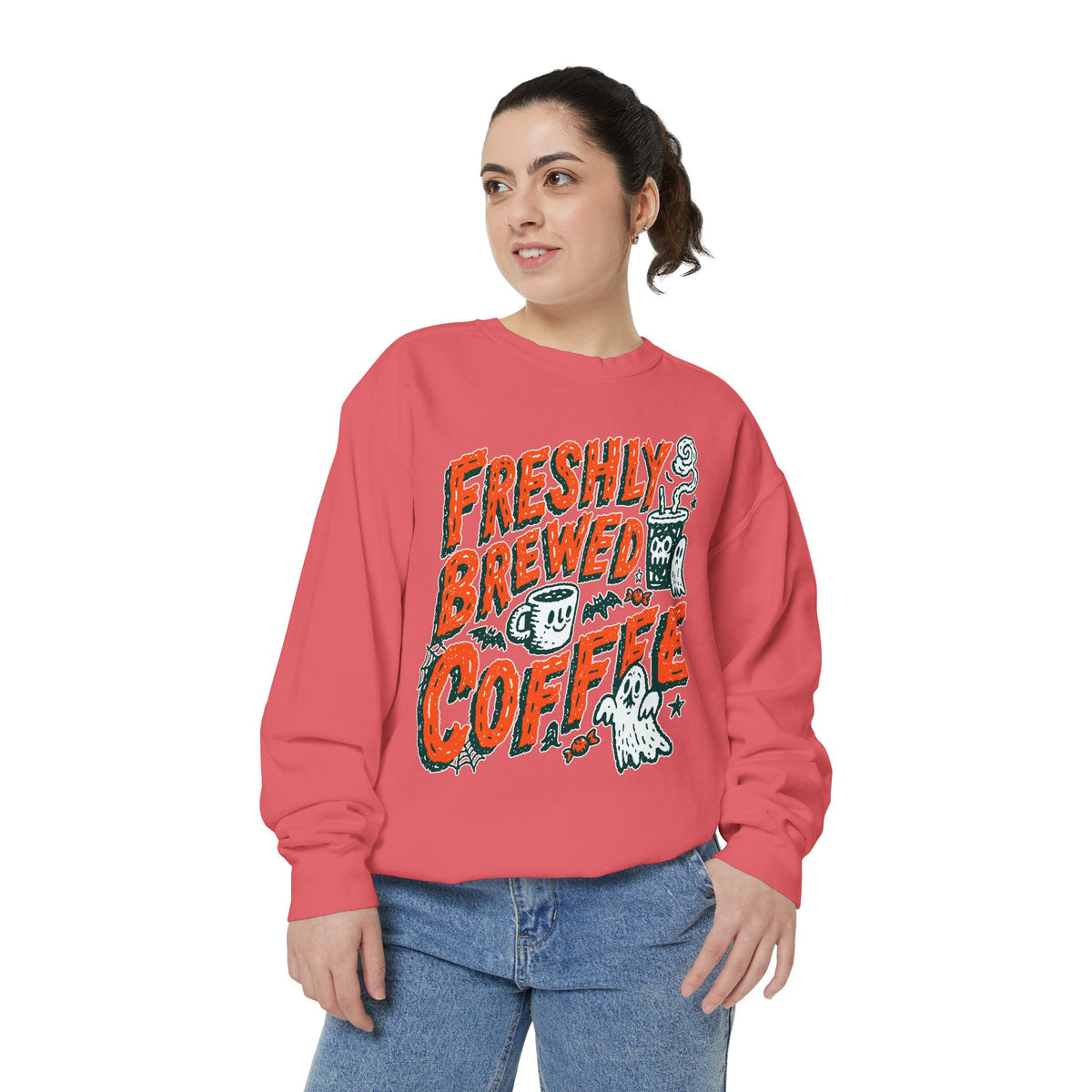 Coffee Lover Halloween Sweatshirt, Freshly Brewed Coffee Ghost Pullover, Cute Spooky Season Gift for Barista and Caffeine Fan, Gift for Her