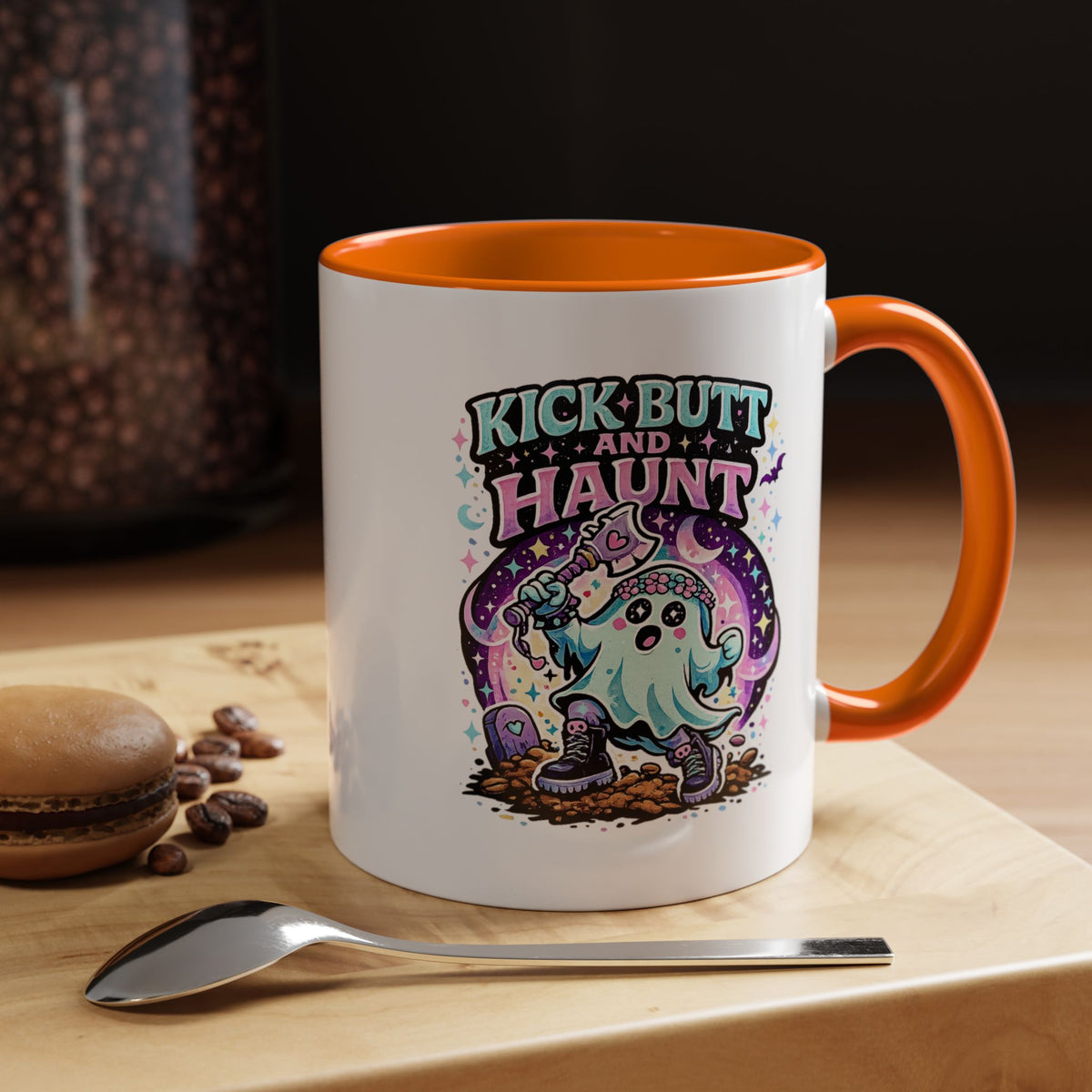 Kick Butt and Haunt Mug, Cute Pastel Ghost Black Accent Coffee Cup, Unique Funny Halloween Gift for Her, Spooky Bestie or Pastel Goth