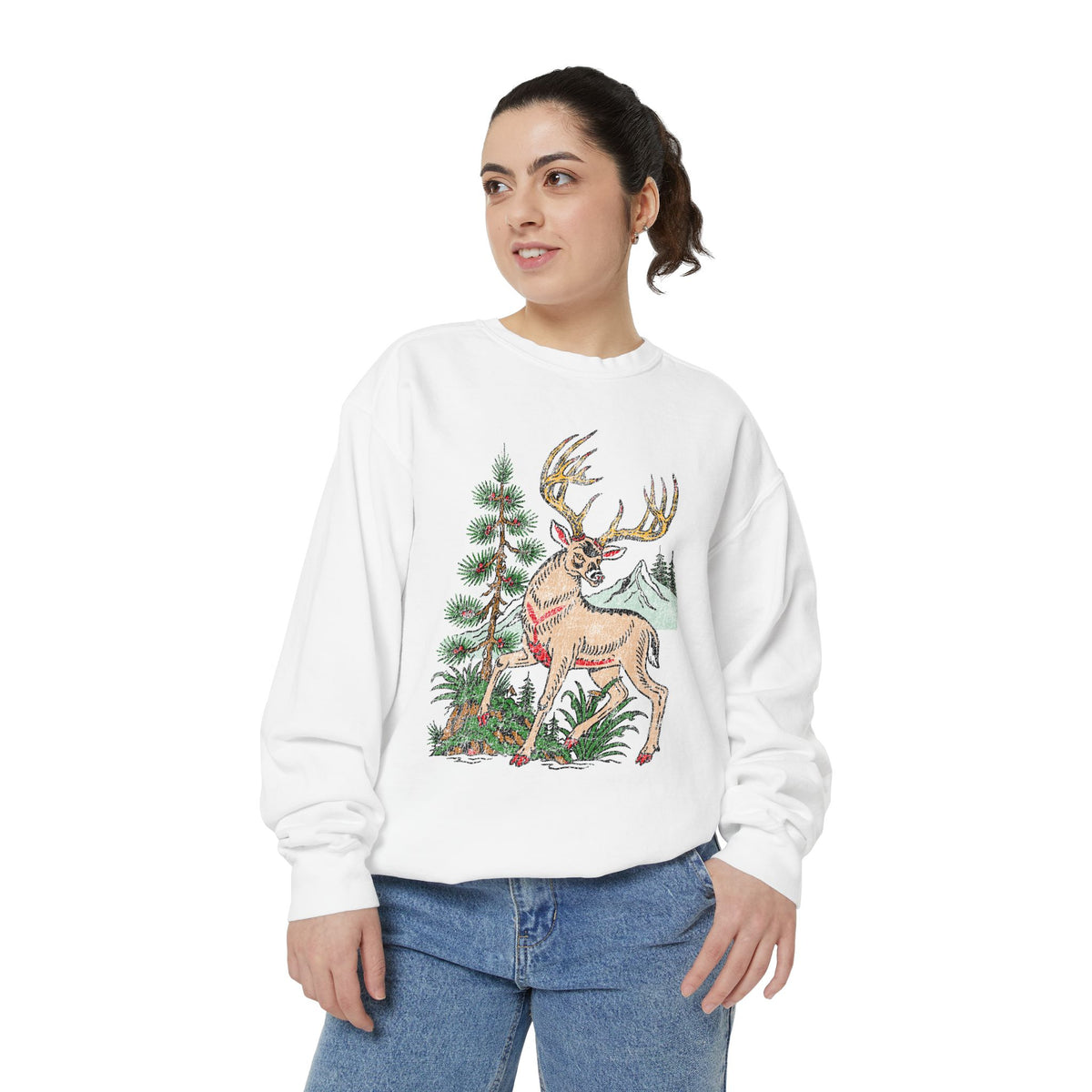 Woodland Deer Sweatshirt, Rustic Stag and Mountain Graphic, Gift for Wildlife Lovers and Hikers, Forest Inspired Cabin Weekend Clothing