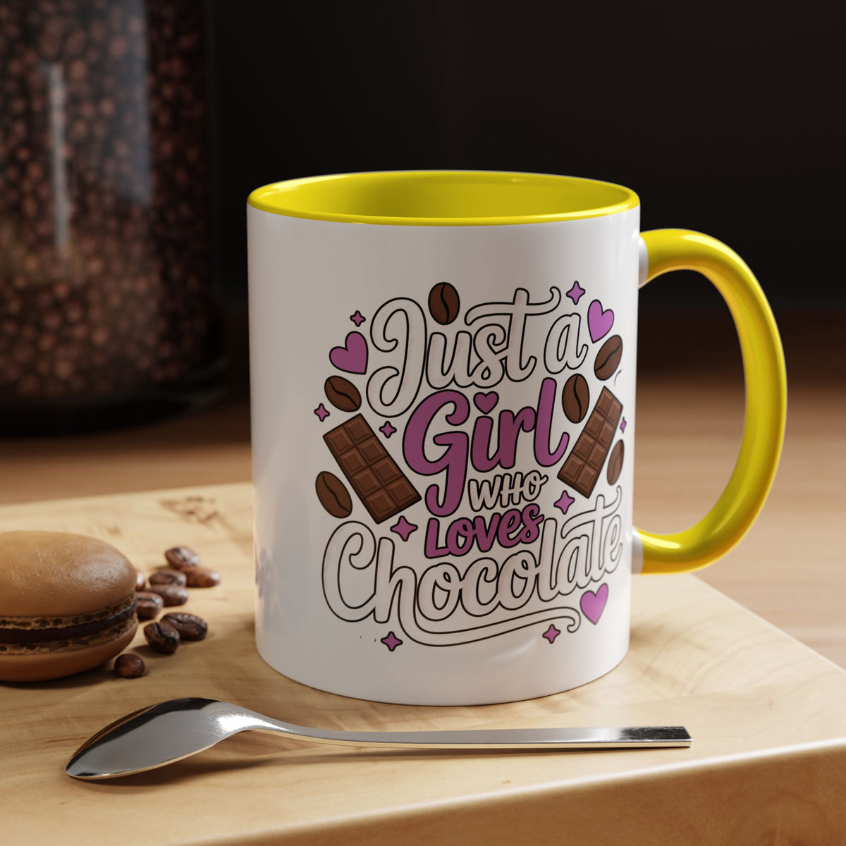 Chocolate Lover Coffee Mug, Just a Girl Who Loves Chocolate Quote, Purple Hearts and Cocoa Design, Sweet Birthday Gift for a Best Friend