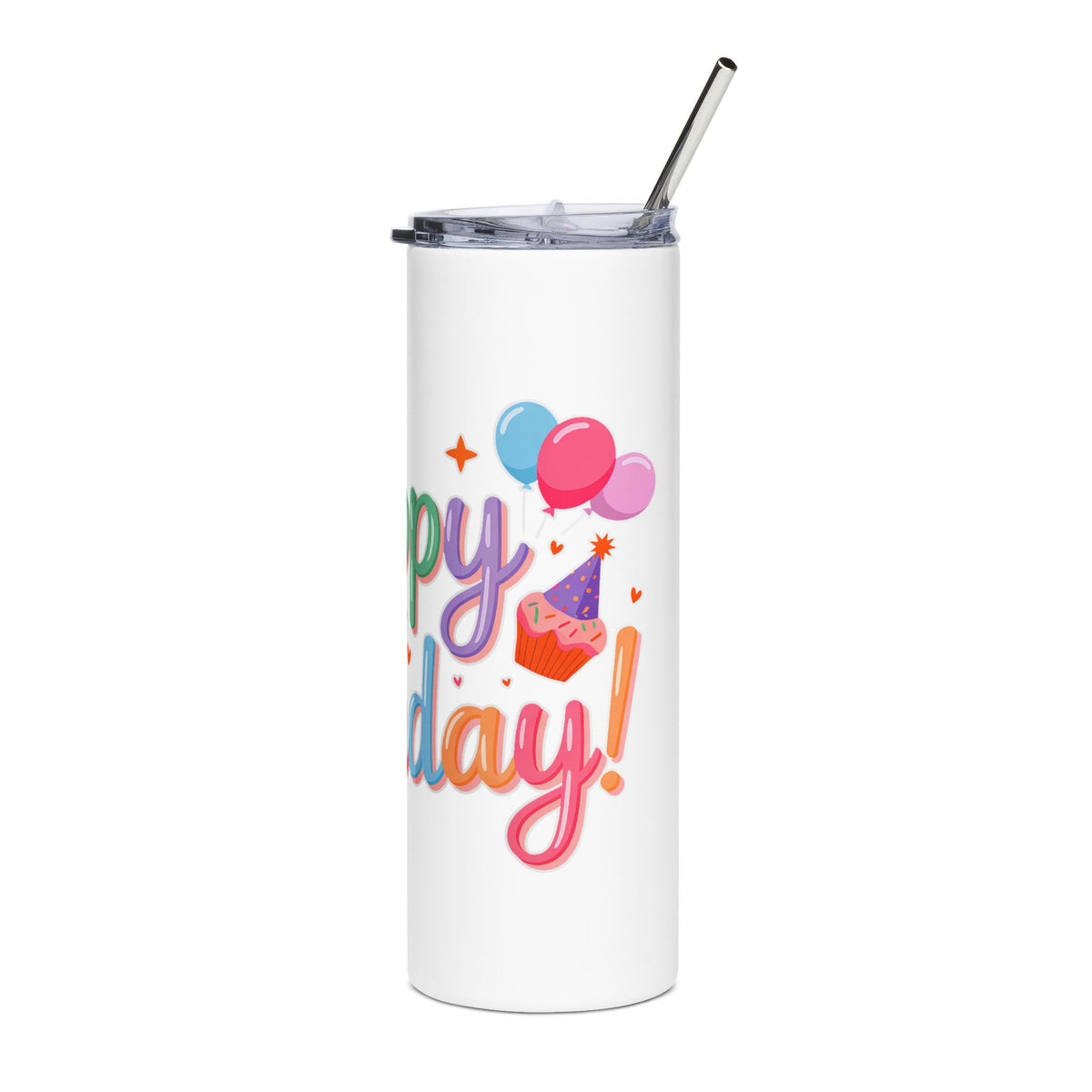 Happy Birthday Skinny Tumbler, Pastel Balloons and Cupcake Design, Colorful Drinkware Gift for a Best Friend, Sister or Coworker Celebration