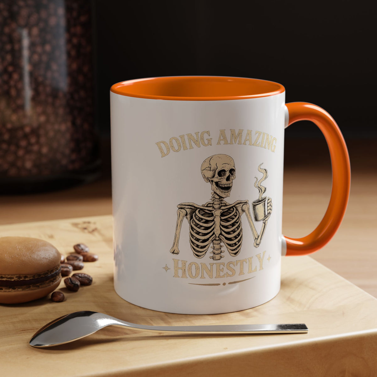 Doing Amazing Honestly Skeleton Coffee Mug, Funny Burnout Gift for Coworker, Sarcastic Office Coffee Cup, Tired but Thriving Mug