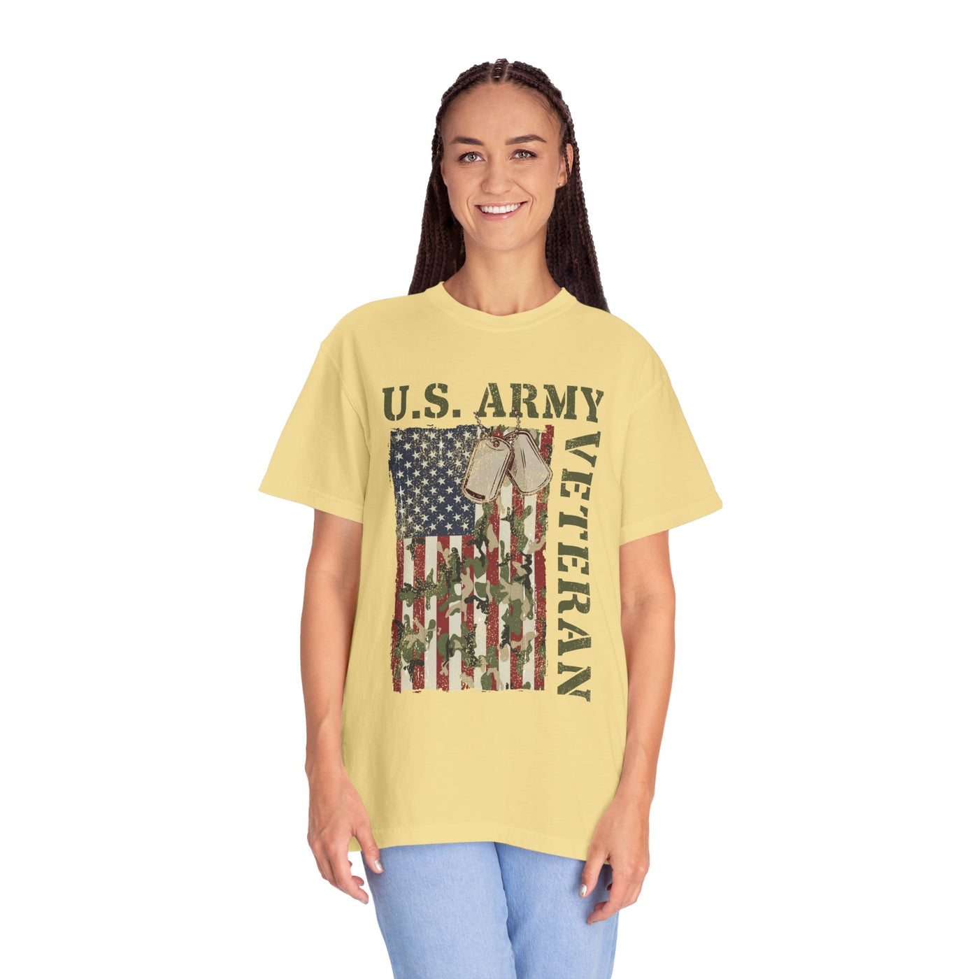 US Army Veteran Shirt, American Flag Camo T-Shirt, Military Dog Tag Tee, Patriotic Gift for Soldier, Retirement or Veterans Day Top