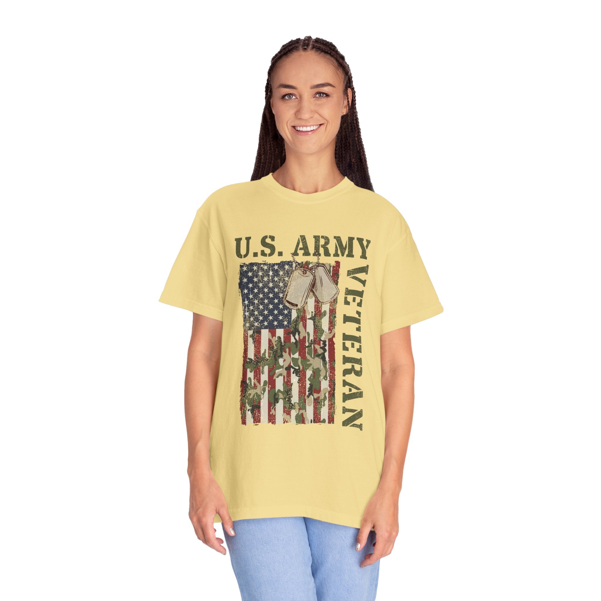 US Army Veteran Shirt, American Flag Camo T-Shirt, Military Dog Tag Tee, Patriotic Gift for Soldier, Retirement or Veterans Day Top