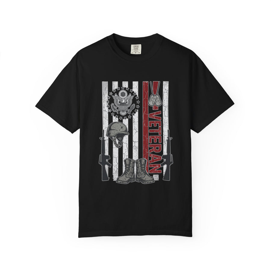 US Veteran Shirt, Patriotic Military T-Shirt with Helmet Boots and Dog Tags, Army Retirement Gift, Veterans Day Tee for Service Member