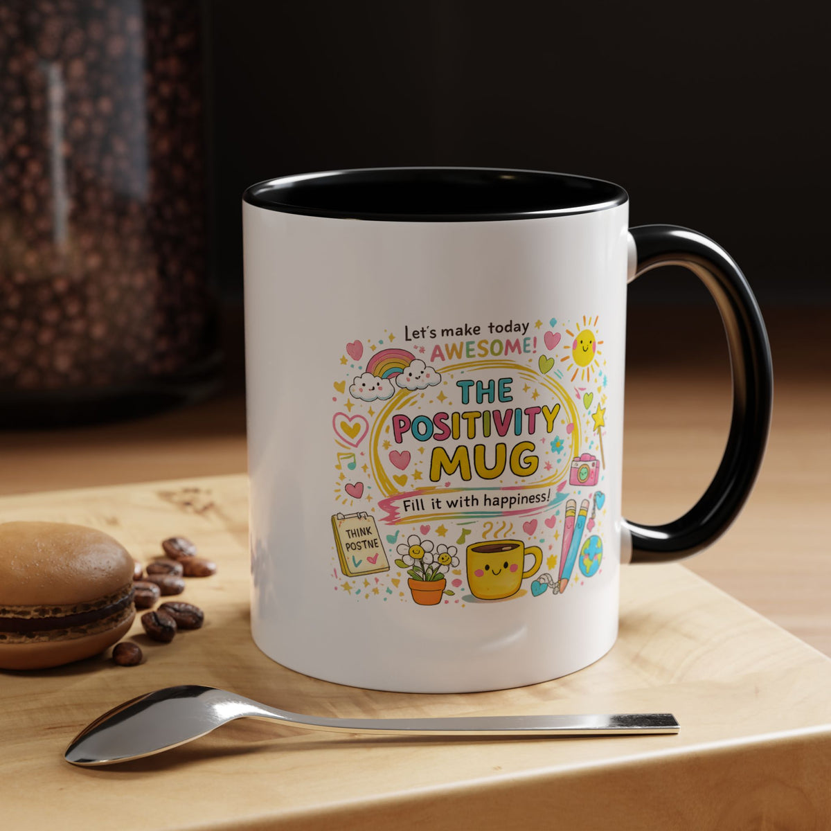 The Positivity Mug, Funny Sarcastic Office Gag Gift for Coworkers, Bright Doodle Aesthetic Motivational Coffee Cup with Orange Handle