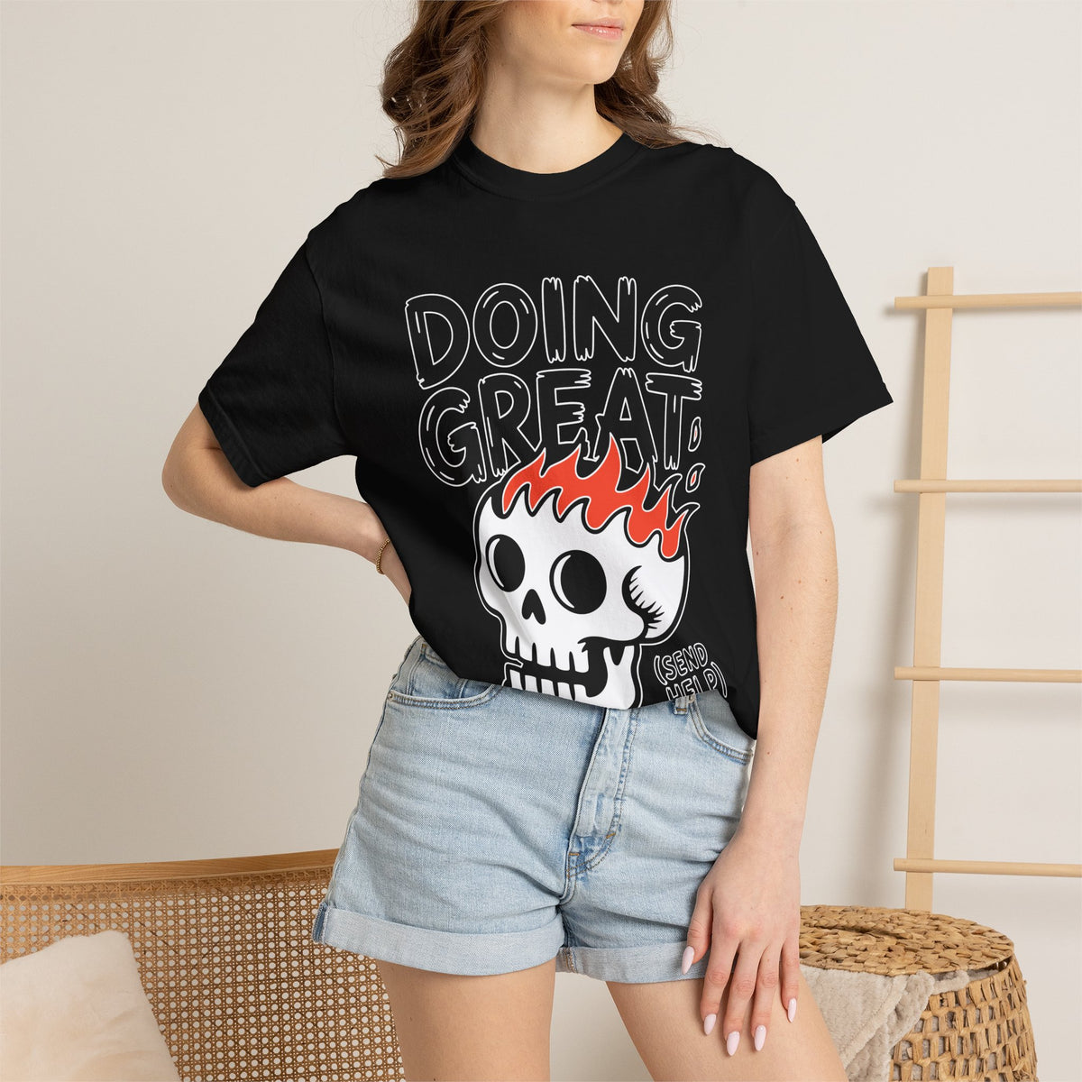 Funny Skeleton Comfort Colors Shirt, Doing Great Send Help Graphic Tee, Sarcastic Mental Health Shirt, Trendy Gothic Oversized Tee