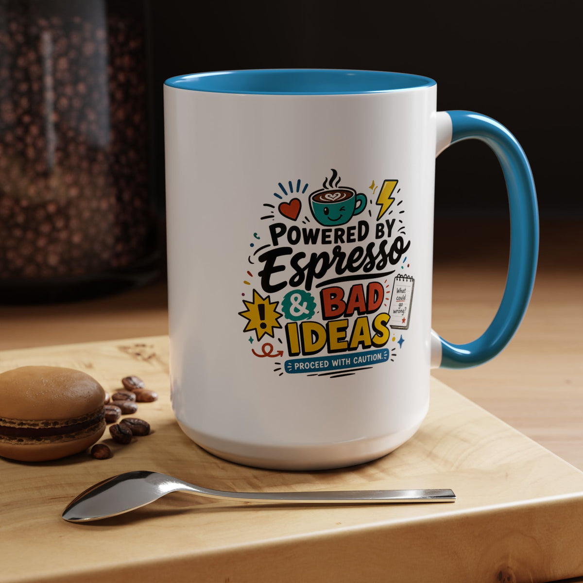 Powered by Espresso Mug, Funny Coffee Lover Cup, Bad Ideas Quote Gift for Coworker, Caffeine Addict Present, Office Humor Drinkware