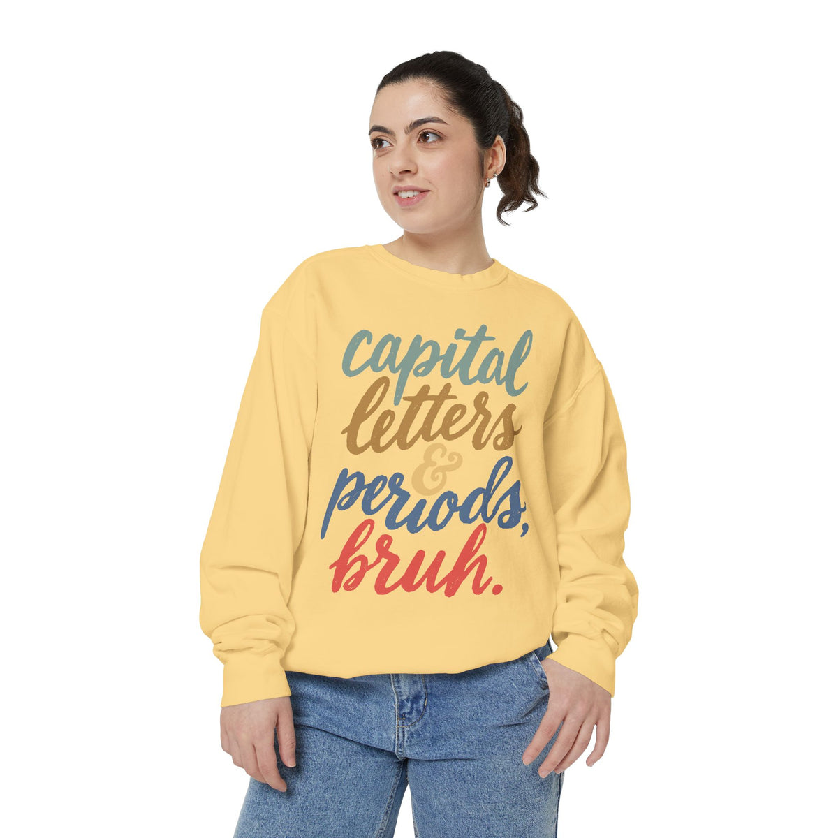Capital Letters and Periods Bruh Sweatshirt, Funny Grammar Teacher Crewneck, English ELA Educator Gift, Back to School Pullover for Women