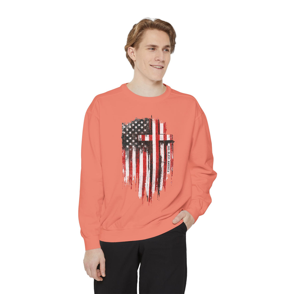 God Bless America Sweatshirt, Distressed American Flag and Cross Graphic, Patriotic Christian Gift for Church Events and Everyday Faith