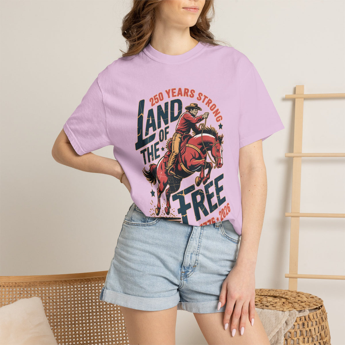 Land of the Free 250 Years Strong Comfort Colors Shirt, America 250th Anniversary Tee, Patriotic Cowboy Graphic Shirt, USA 1776-2026