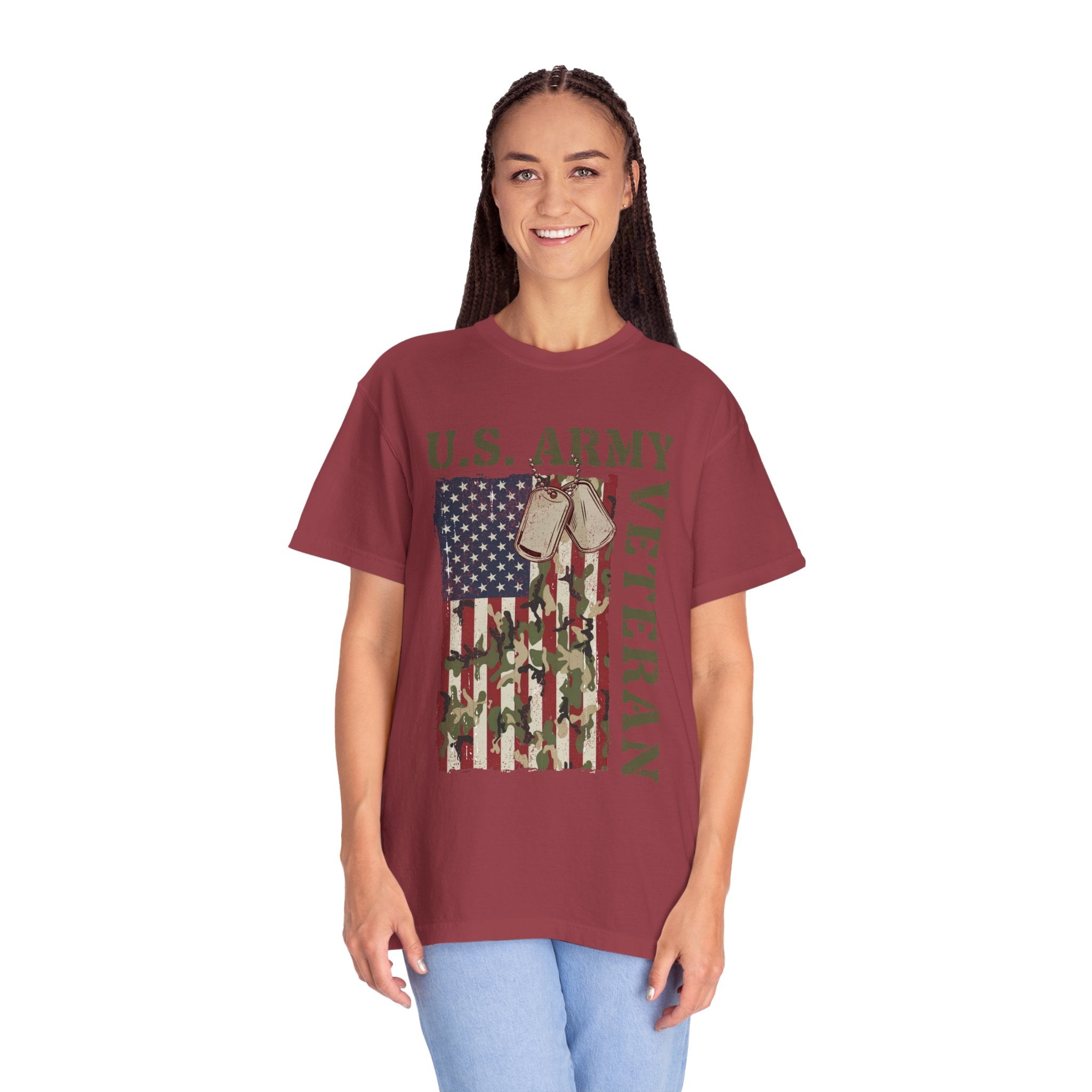 US Army Veteran Shirt, American Flag Camo T-Shirt, Military Dog Tag Tee, Patriotic Gift for Soldier, Retirement or Veterans Day Top
