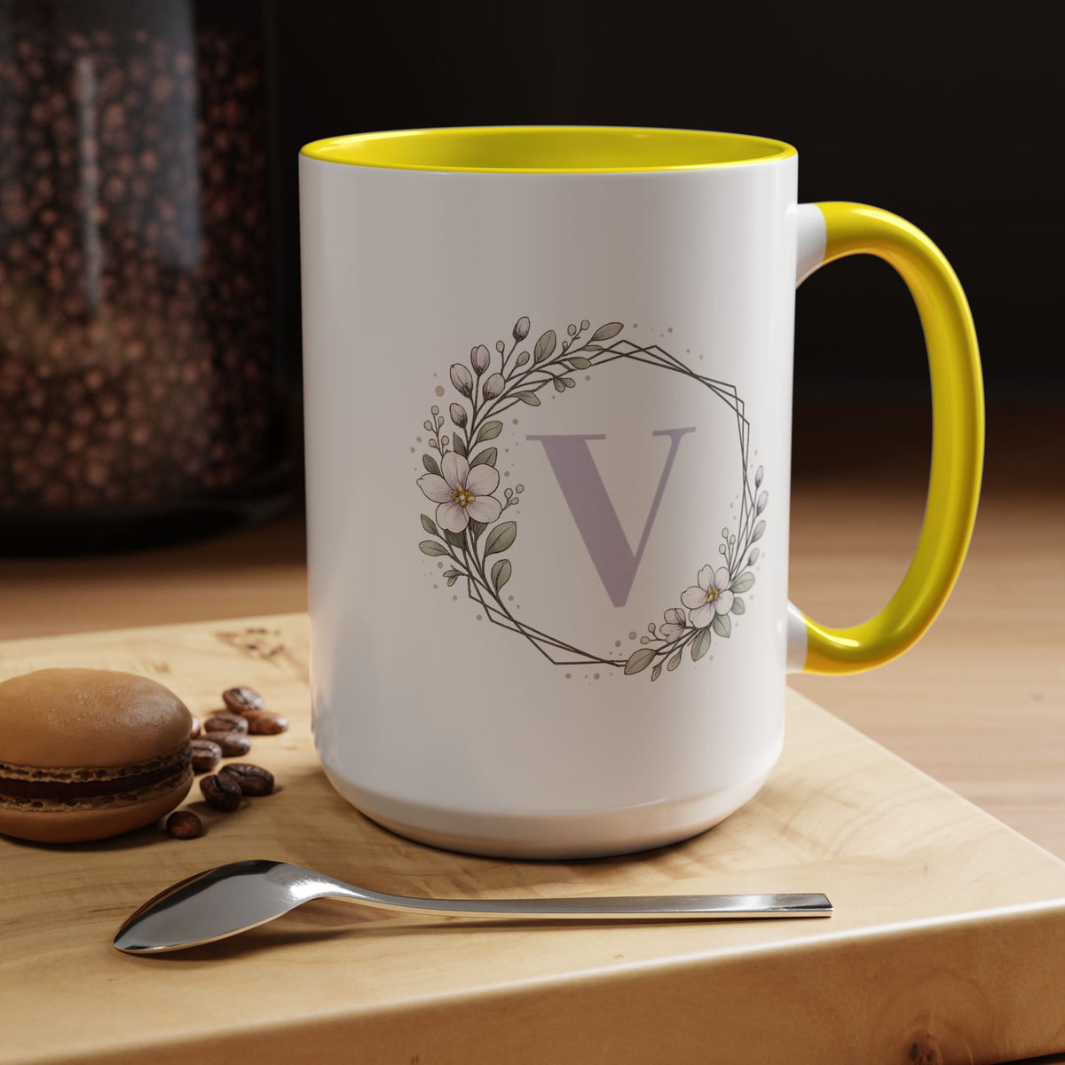 Letter V Monogram Mug, Floral Initial Coffee Mug for Women, Botanical Alphabet Cup, Minimalist Monogram Gift, Personalized Letter Mug