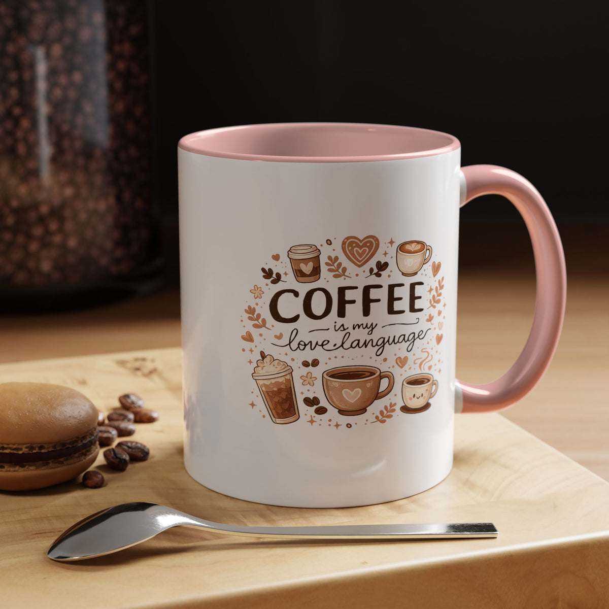 Coffee Is My Love Language Coffee Mug, Cute Cafecito Lover Gift for Her, Aesthetic Barista Latte Ceramic Tea Cup with Pink Handle